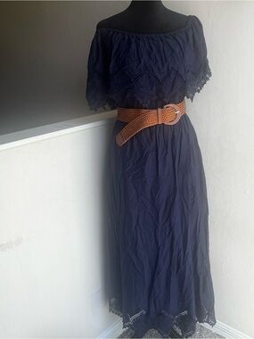 eva mendes for New York & Company Navy Off-Shoulder Maxi Dress with Brown Belt